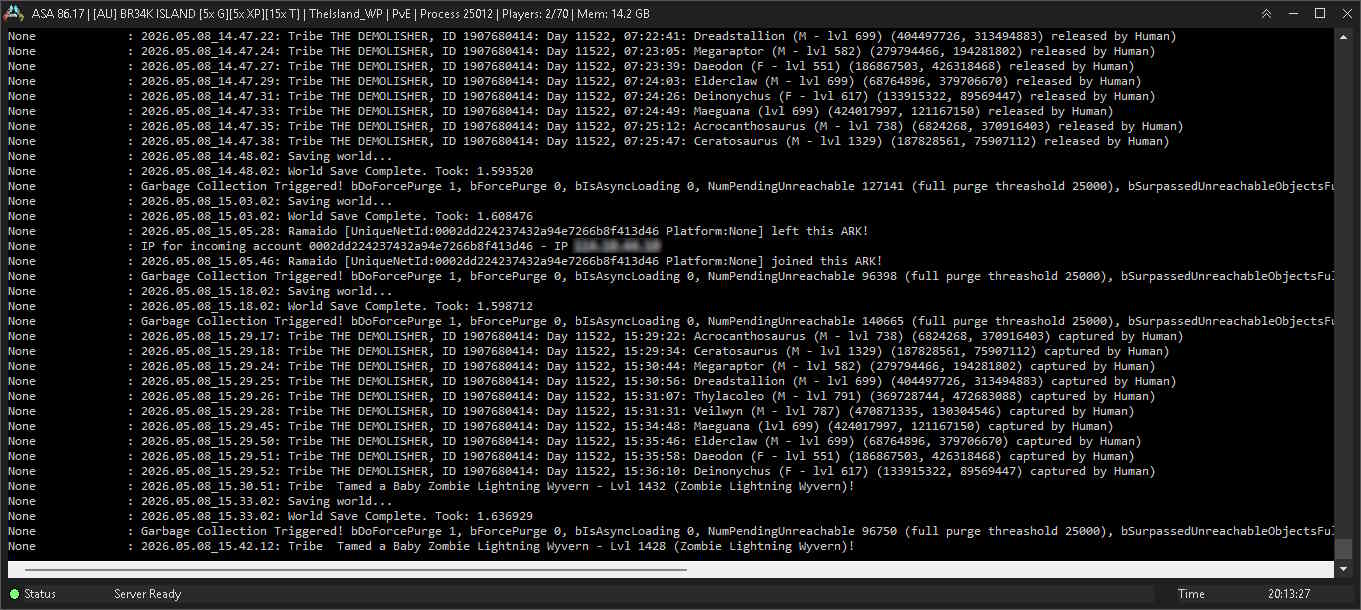 Server Console with white text on a black background